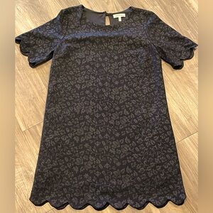 Monteau Los Angeles Mini Dress MEDIUM Scallop Hem Short Sleeve Black Floral